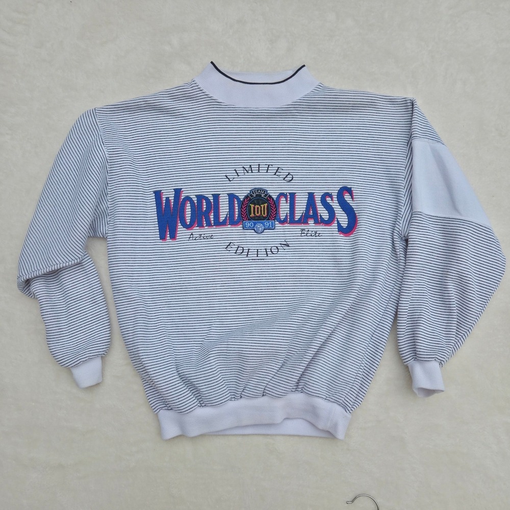 IOU Unisex Sweatshirt World Class Edition S White Striped Poly Cotton Vintage